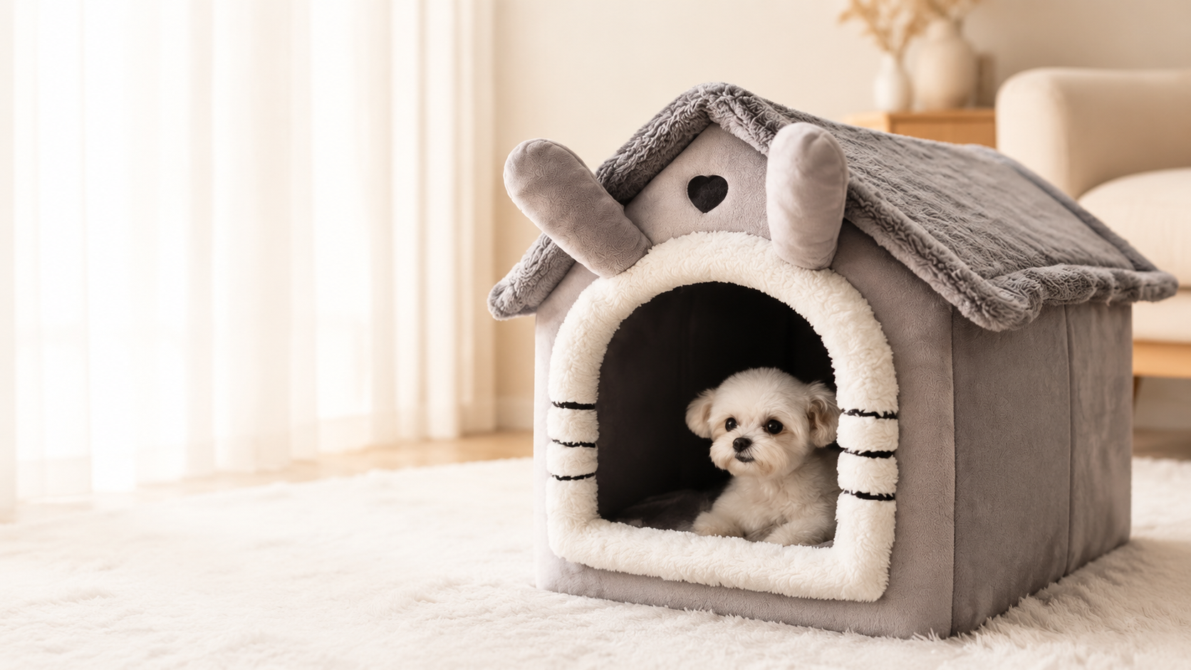 Casinha Ninho Pet com um cachorro em seu interior